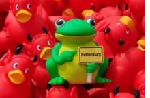 Viele Badeenten, in der Mitte ein Frosch der ein Rottenburg-Schild hält