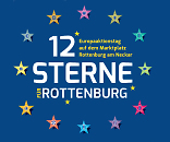 Schriftzug "12 Sterne für Europa" mit zwölf bunten Sternen im Kreis um die Schrift. 