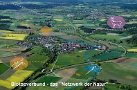 eine Aufnahme einer Rottenburger Ortschaft von oben. Auf das Bild ist der Schriftzug "Biotopverbund - das Netzwerk der Natur" geschrieben. 
