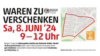 Schriftzug "Warentauschtag im Wohngebiet 2024" und ein Stadtplan auf dem ein Wohngebiet eingerahmt ist. 