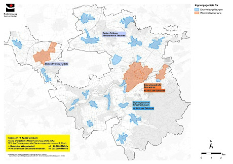 Eine Karte auf der geeignete Gebiete für die Wärmeleitplanung eingezeichnet sind.