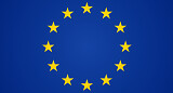 Eine blaue Flagge mit gelben Sternen darauf. Die Sterne stehen für die Mitgliedsländer.