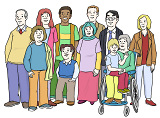 Menschen-Gruppe: Menschen mit dunkler und mit heller Hautfarbe, Menschen mit Behinderung, Menschen ohne Behinderung, Frauen und Männer, Kinder und alte Menschen.