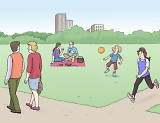 Menschen im Park: Personen gehen spazieren, Personen essen, eine Person läuft, ein Kind spielt.