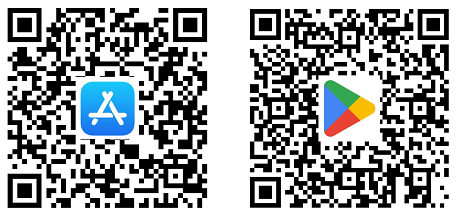 Links auf dem Bild befindet sich der QR-Code zum App Store von Apple. Rechts auf dem Bild befindet sich der QR-Code zum Play Store.