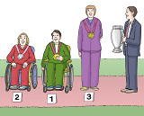 Drei Sieger und Siegerinnen mit Medaillen: Menschen mit Behinderung, Menschen ohne Behinderung, Mann übergibt einen Pokal.