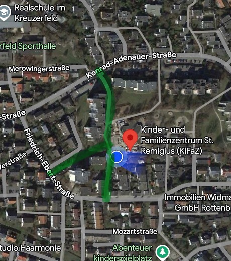 Ein Teil des Kreuzerfeld-Gebietes als Kartenansicht von oben. Der Weg zum Kinder- und Familienzentrum wird mit Linien gezeigt.