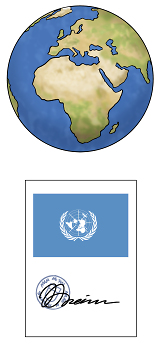 Zwei Bilder: oben Welt-Kugel mit Wasser und Land, unten Urkunde für die Vereinten Nationen mit Logo, Stempel und Unterschrift