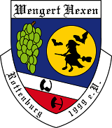 Das Wappen der Wengert Hexen Rottenburg, mit Traubenzotter, und kleiner Hexen die vor einem großen Mond auf einem Besen reitet.