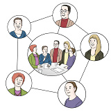 Einzelne Menschen. Die gleichen fünf Menschen sitzen in einer Gruppe am Tisch und arbeiten. Die Bilder von den einzelnen Menschen und von der Gruppe sind mit Linien verbunden.