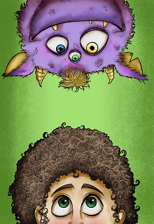 Eine Illustration eines Jungen mit braunen Haaren und einem violetten Monsterchen