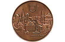 Geprägte Medaille mit stadtansicht und Inschrift