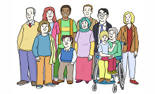 Menschen-Gruppe: alte und junge Menschen, Kinder, Menschen mit Behinderung, Menschen ohne Behinderung, Frauen und Männer