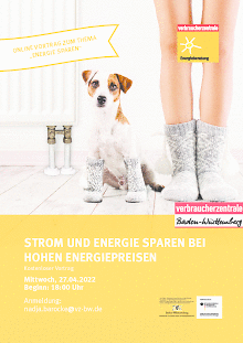Plakat Digitaler Vortrag: Strom und Energie sparen bei hohen Energiepreisen © Verbraucherzentrale Baden-Württemberg e. V.